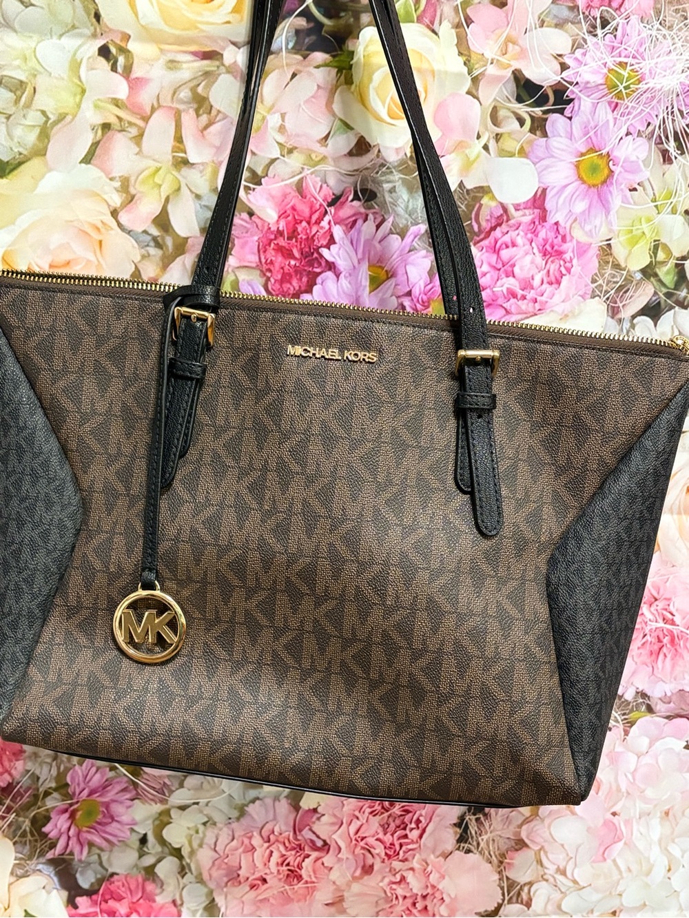 Michael Kors Brown & Black Signature Tote with Gold Logo Charm
